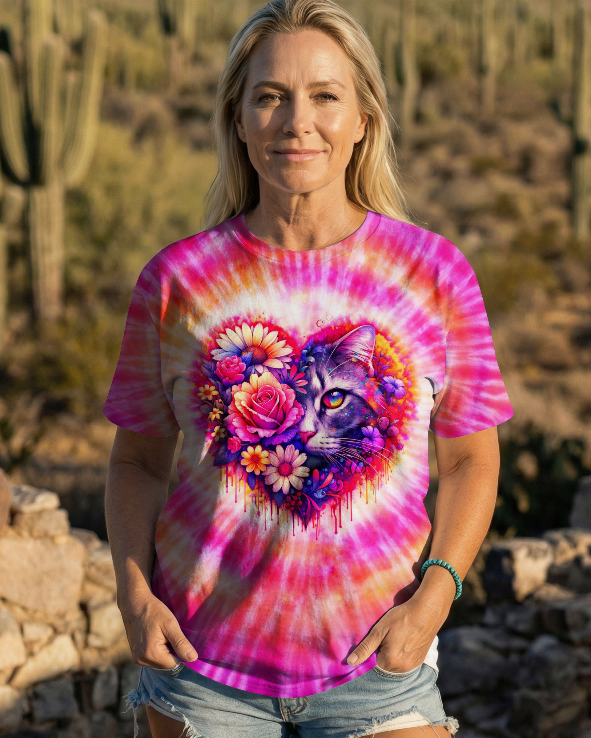 CAT AND FLOWERS HEART SWIRL ALL OVER PRINT   - TLTW1203262