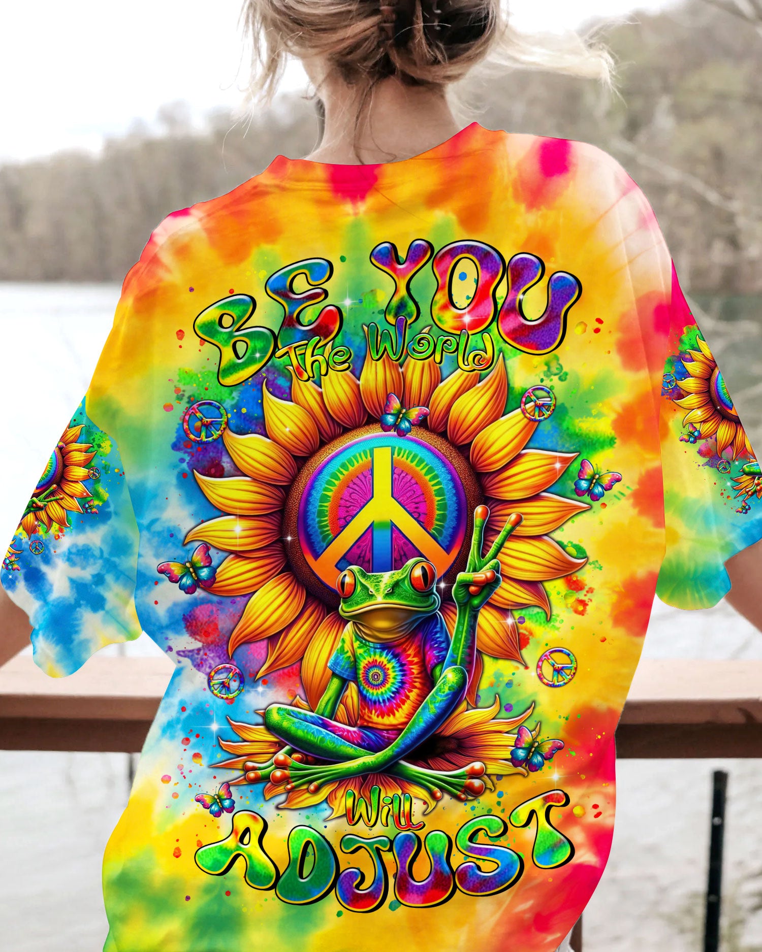 BE YOU THE WORLD WILL ADJUST FROG SUNFLOWER ALL OVER PRINT - TLTR2806241
