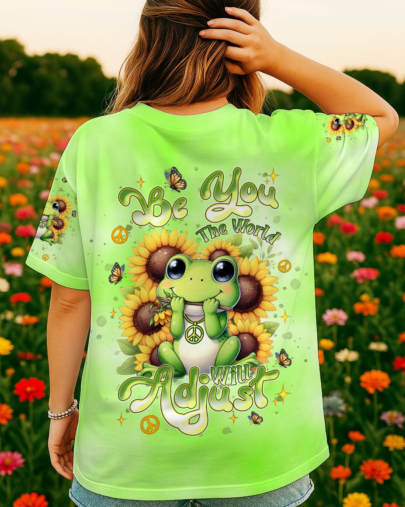 BE YOU THE WORLD WILL ADJUST FROG SUNFLOWER ALL OVER PRINT - TLNT0606253