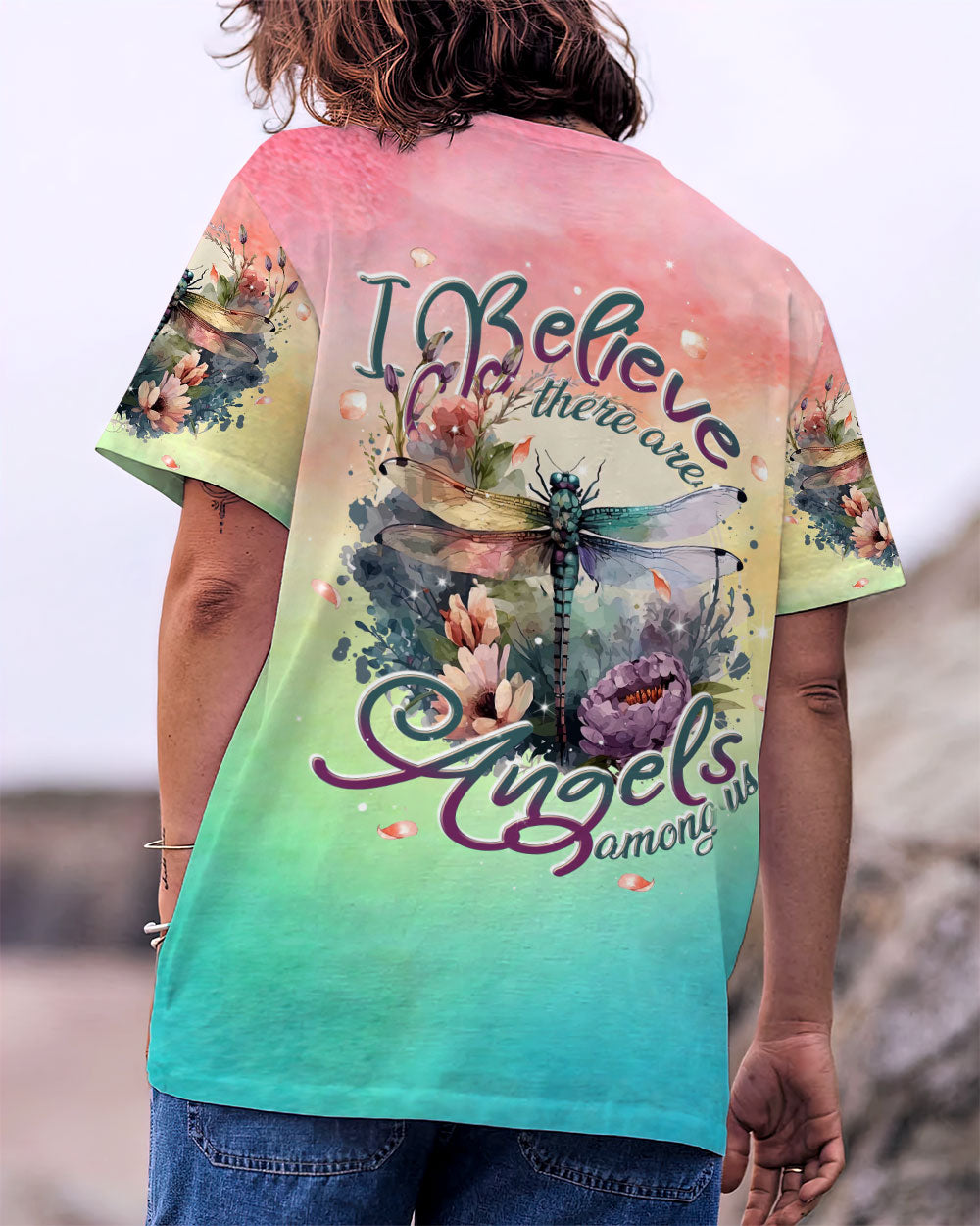 I BELIEVE THERE ARE ANGELS AMONG US DRAGONFLY WATERCOLOR ALL OVER PRINT - TLNT0308232