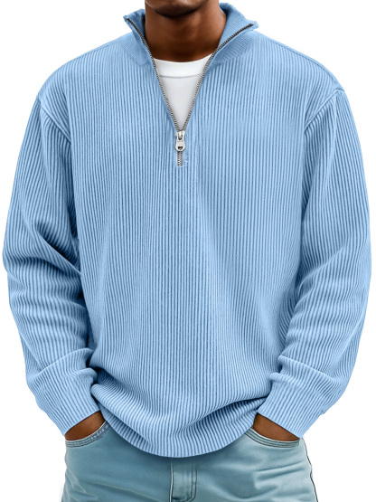 Men's Quarter-Zip Ribbed Knit Pullover – Casual Stand Collar Long Sleeve Sweater
