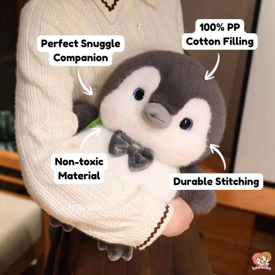 Fluffy Gray Penguin Plushie with Turtle Backpack