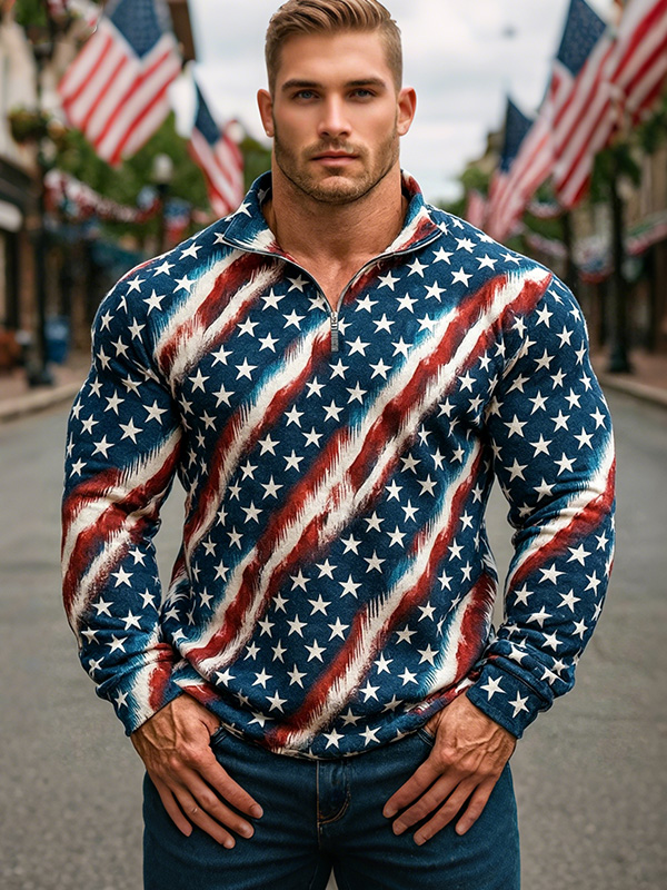Men's American Flag Star And Stripe Pattern Art Print Casual Half-Zip Sweatshirt