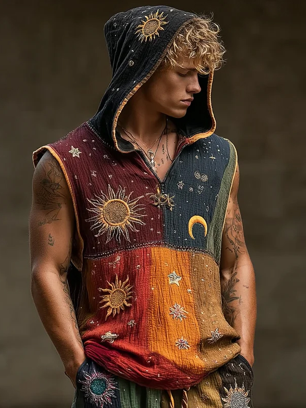 Men's Colorblock Sun and Moon Hippie Art Print Hooded Tank Top