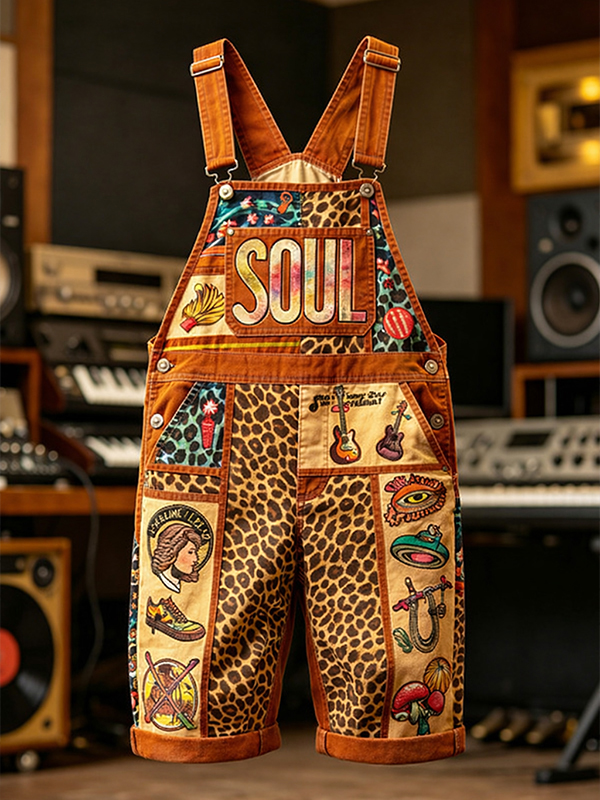 Men's Soul Music Leopard Print Shorts Overalls