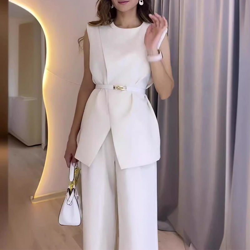Women's Tops Solid Color Round Neck Sleeveless Belt Pocket Straight Leg Wide Leg Pants Set