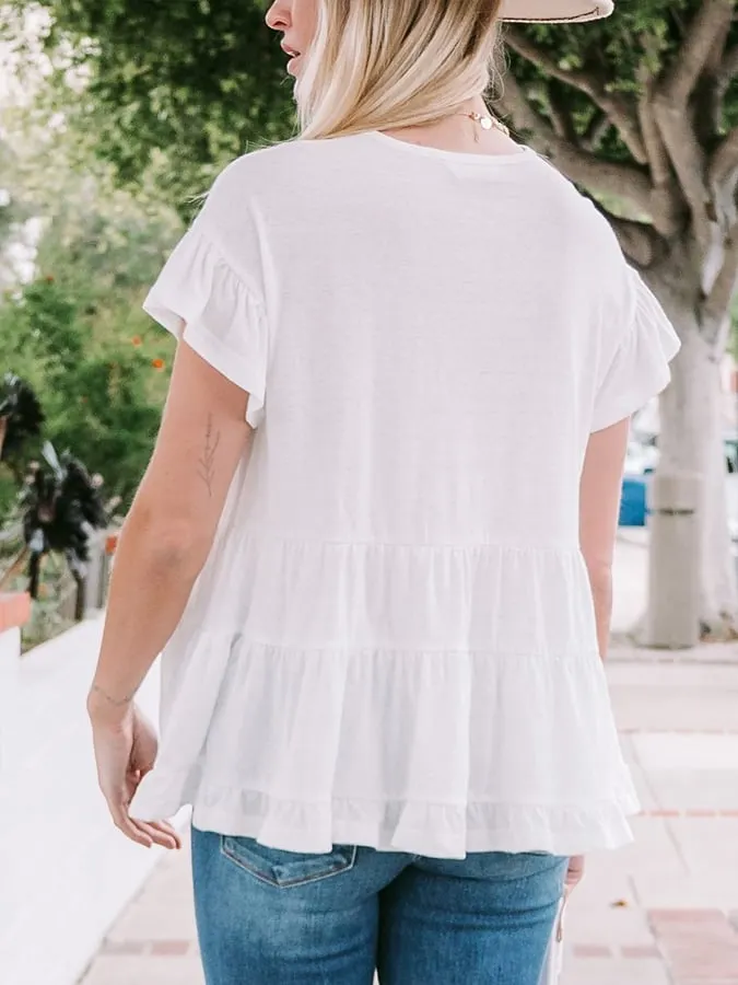 Women's Loose Linen O-Neck White Ruffle Tiered Swing Top