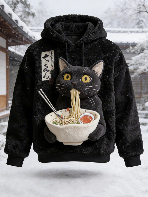 Men's Funny Cat Eating Ramen Calligraphy Print Casual Flannel Hoodie