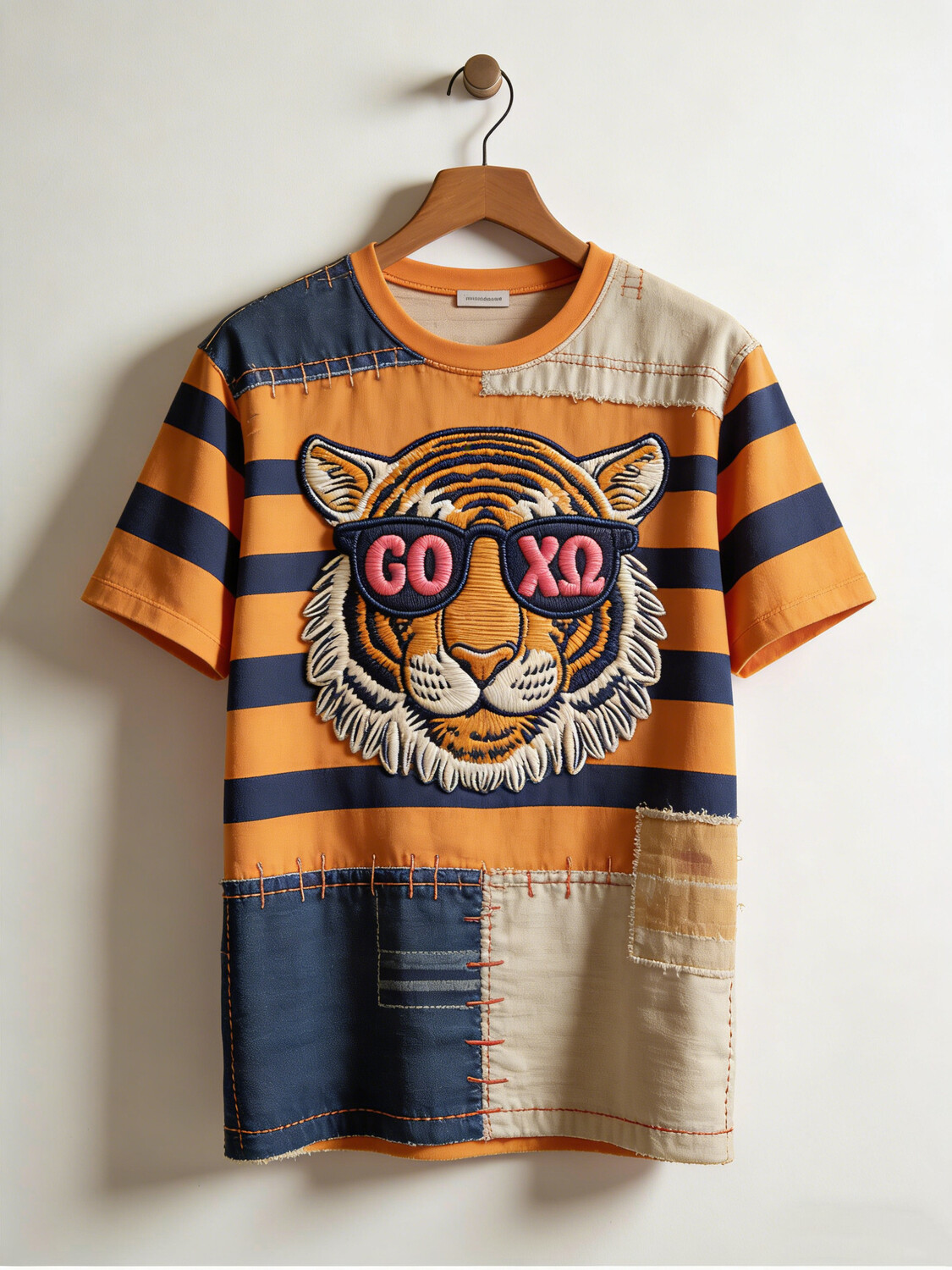 Men's Retro Tiger With Sunglasses GO XO Patchwork Print T-Shirt