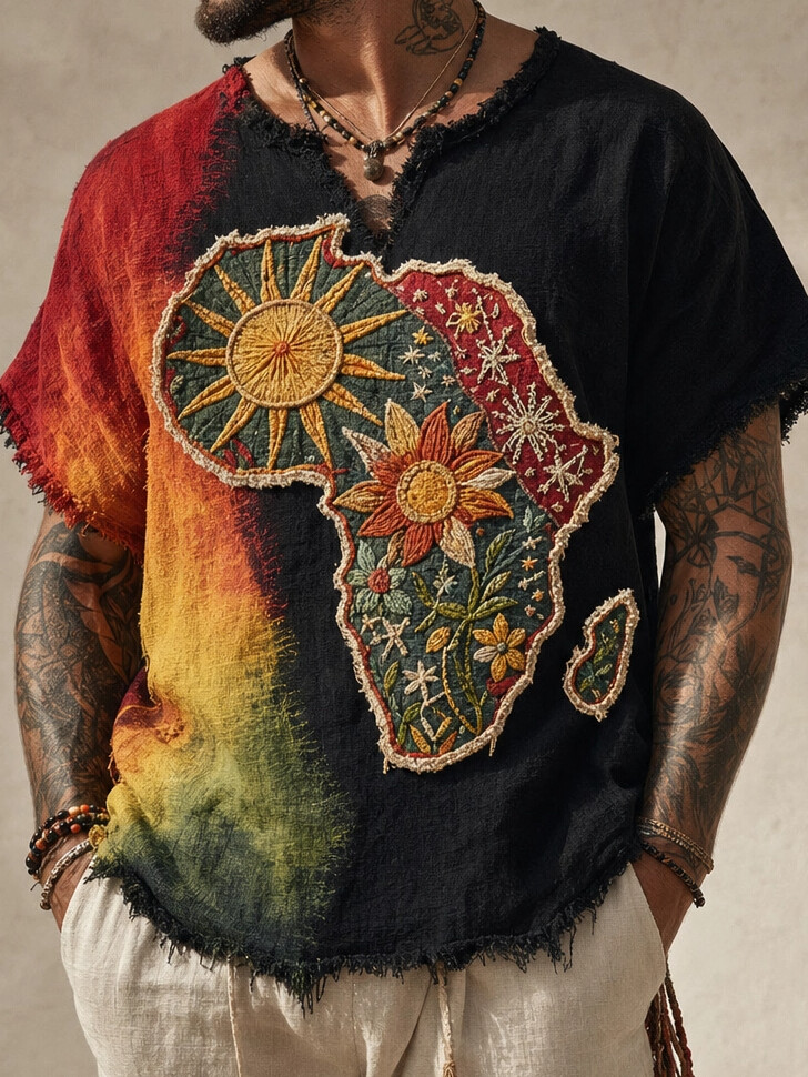 Men's Ombre Tie Dye Africa Map Floral Patch Art Print V Neck T-Shirt