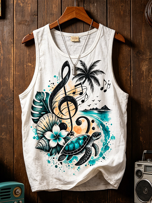 Men's Tropical Music Note And Sea Turtle Art Print Tank Top