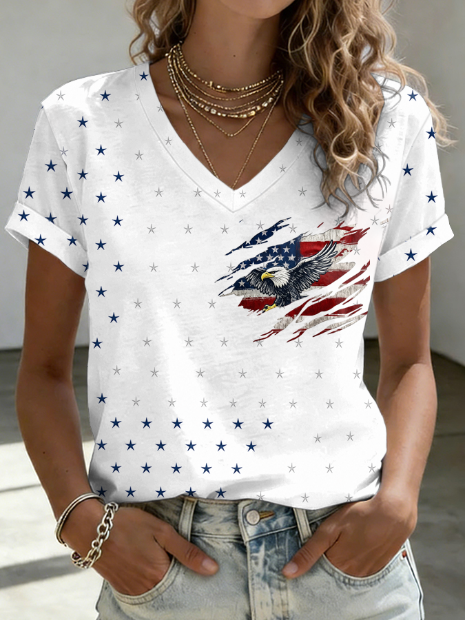 Women's 4th of July American Flag Vintage V-Neck Tee