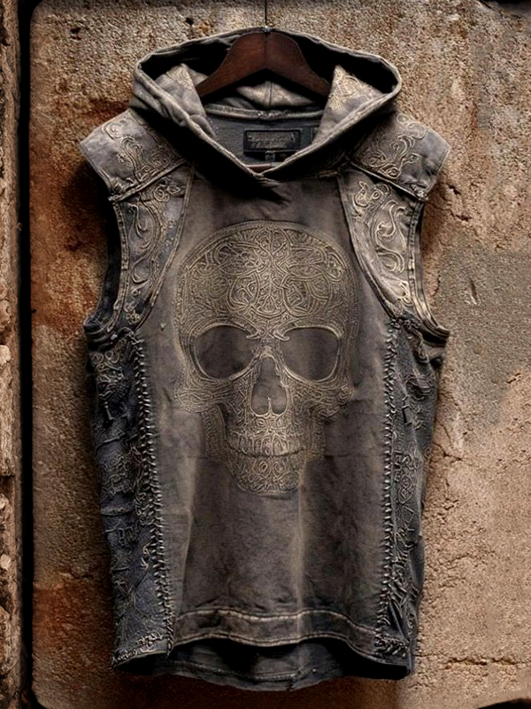 Men's Mysterious Skull Dark Art Print Workout Hooded Tank Top
