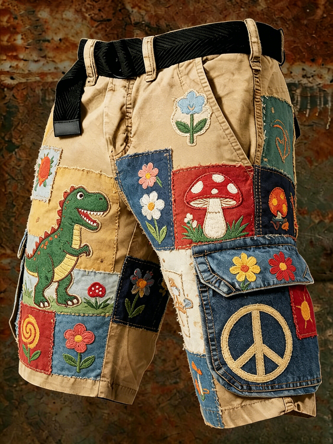 Men's Dinosaur Mushroom Floral Peace Sign Print Cargo Shorts