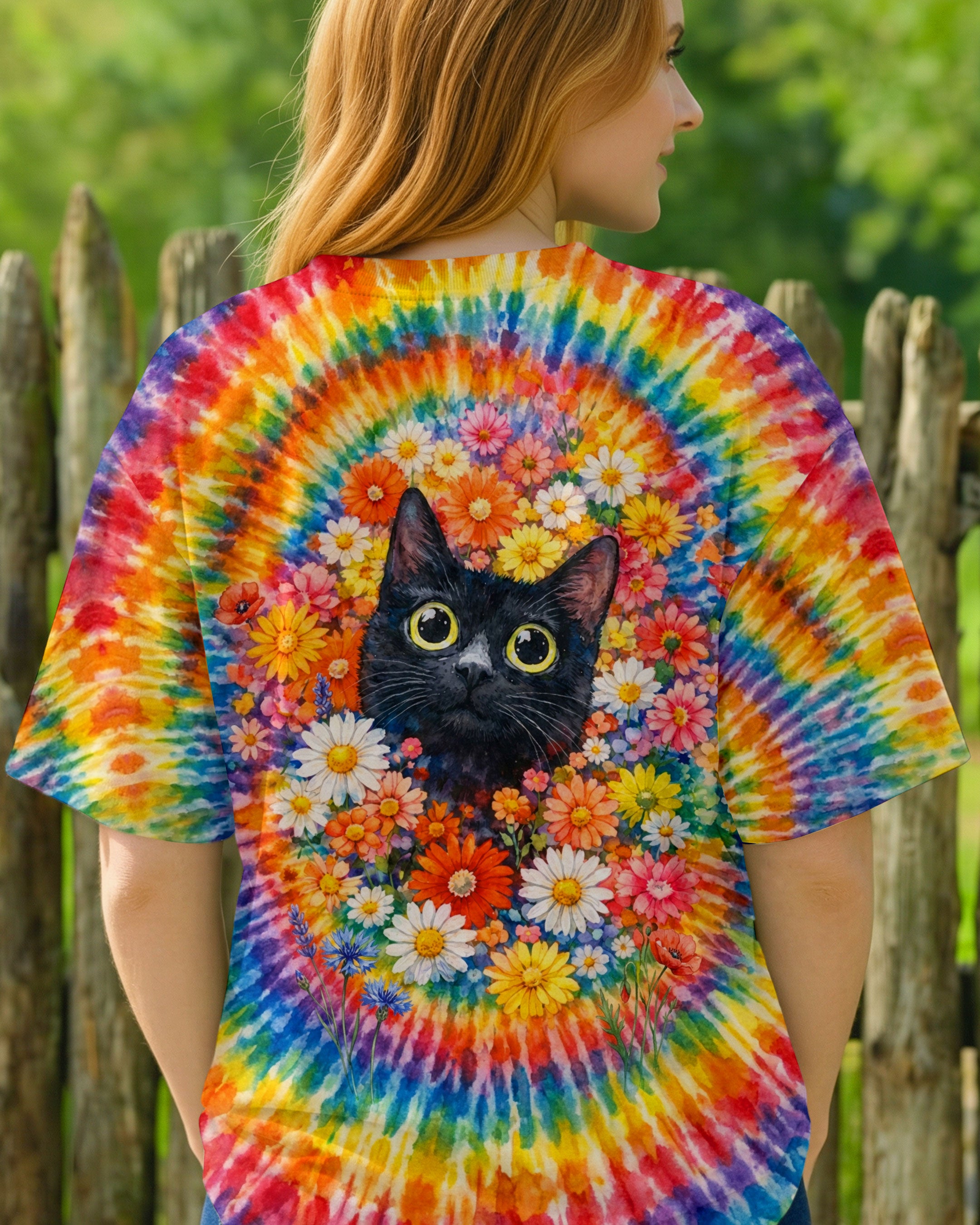 BLACK CAT WITH FLORAL SWIRL ALL OVER PRINT - TLHN0403262