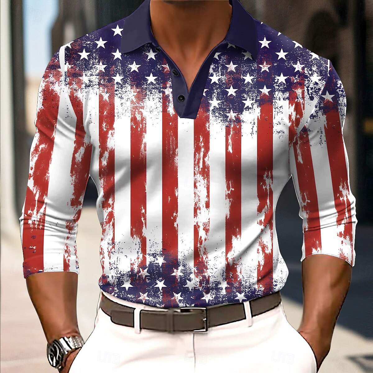 4th of July 2026 250th Men's American US Flag Polo Long Sleeve Polo Shirts Lapel Casual Street Daily Wear Festival Outfit 3D Print Buttons Spring Fall Winter Blue Blue 1 Blue 3#