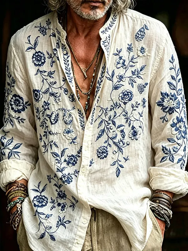 Men's Boho Floral Art Painting Print Long Sleeve Shirt