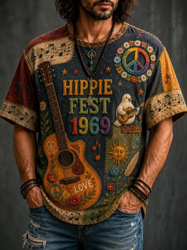 Men's Hippie Fest 1969 Peace Dove Guitar Patchwork Print T-Shirt