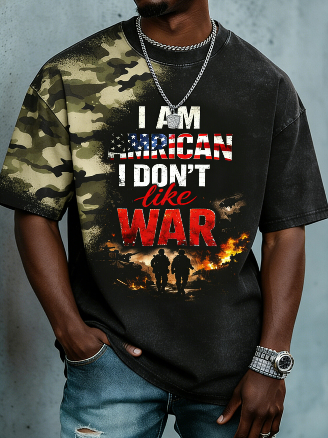 Men's I Am American I Don't Like War Camo Print Casual T-Shirt