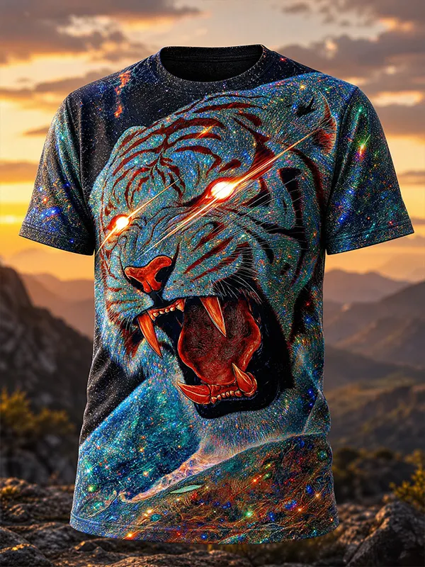 Men's Glitter Cosmic Roaring Tiger Mountain Sunset Art Print T-Shirt