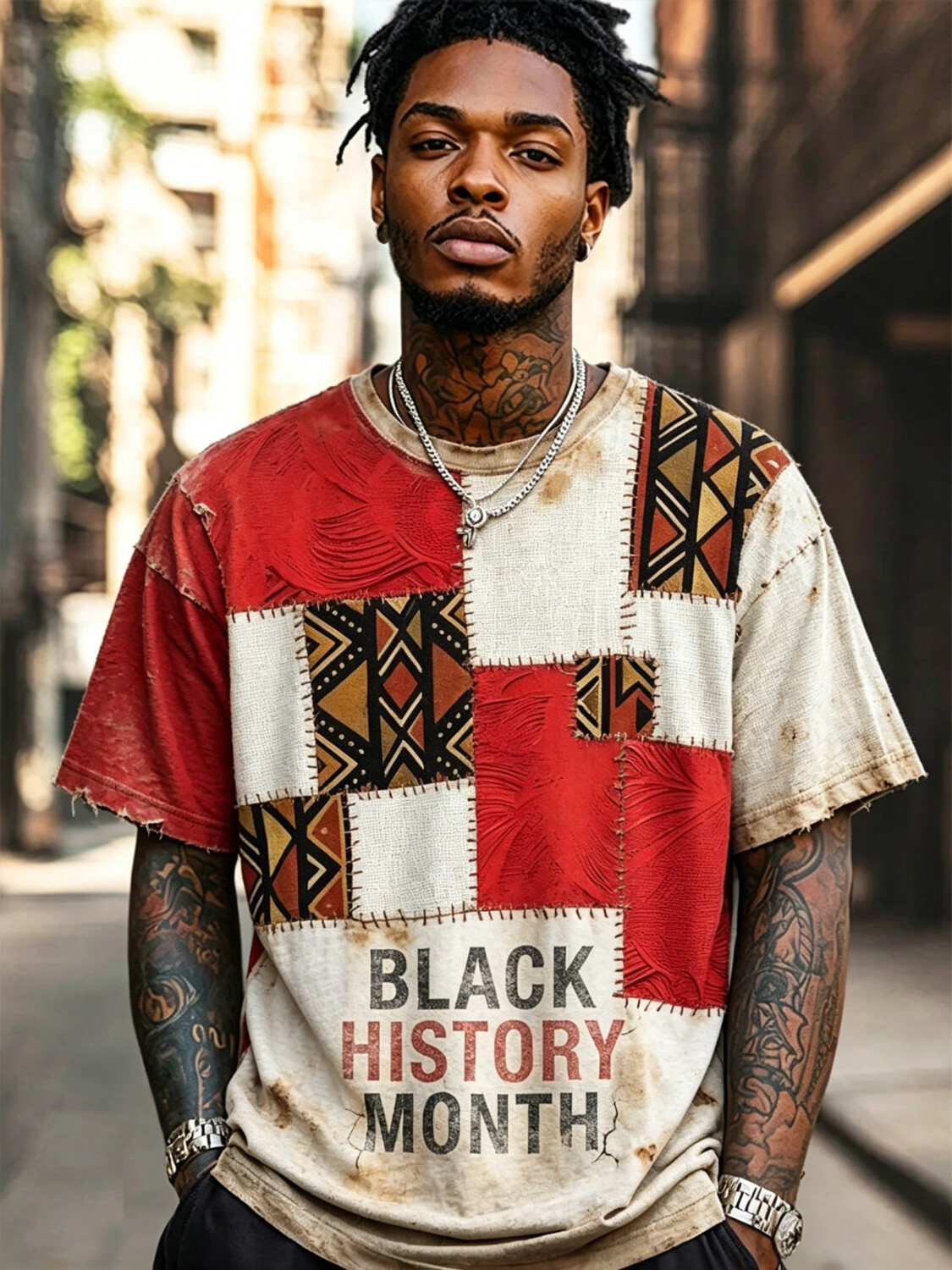 Men's Black History Month African Tribal Patchwork Print T-Shirt