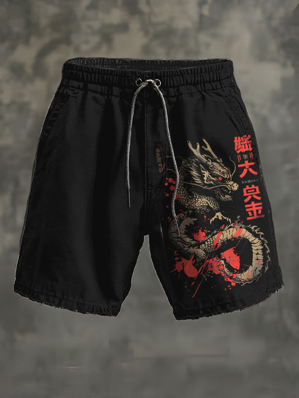 Men's Retro Dragon Art Print Casual Shorts