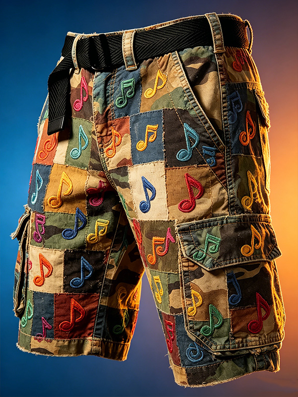 Men'S Retro Camouflage Music Art Print Denim-Like Casual Shorts