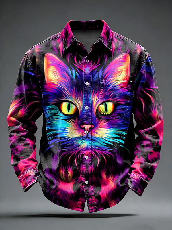 Men's Cat Hippie Psychedelic Abstract Art Print Long Sleeve Shirt