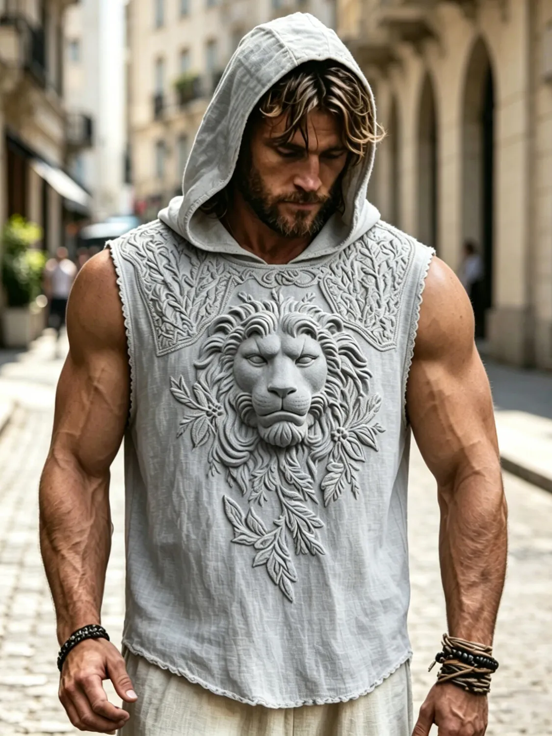 Men's Lion Floral Pattern Art Print Workout Hooded Tank Top
