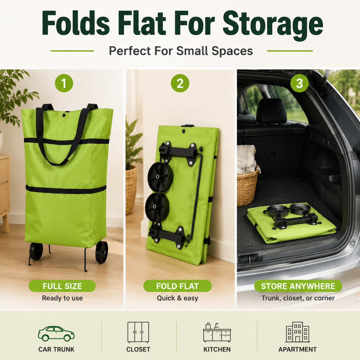 Two ways to use foldable shopping cart as a bag or rolling trolley