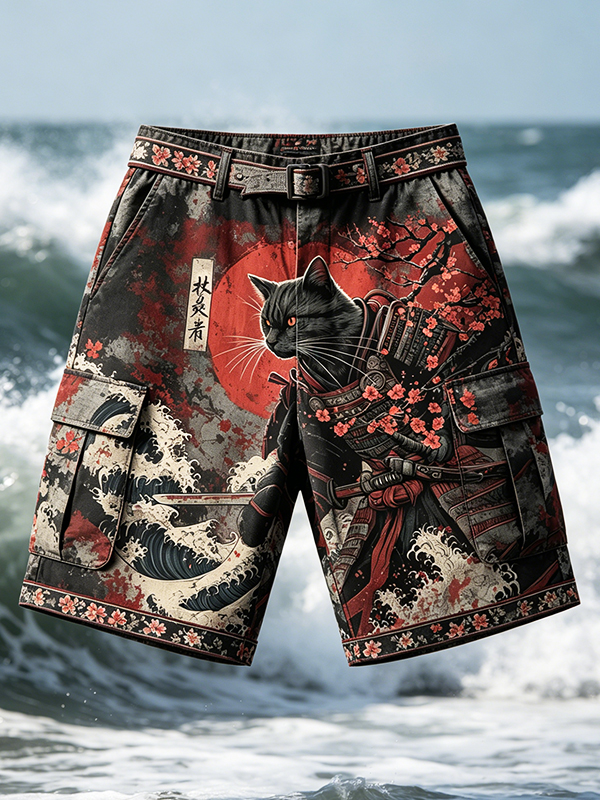 Men's Japanese Samurai Black Cat Cherry Blossom Ocean Wave Art Print Casual Shorts