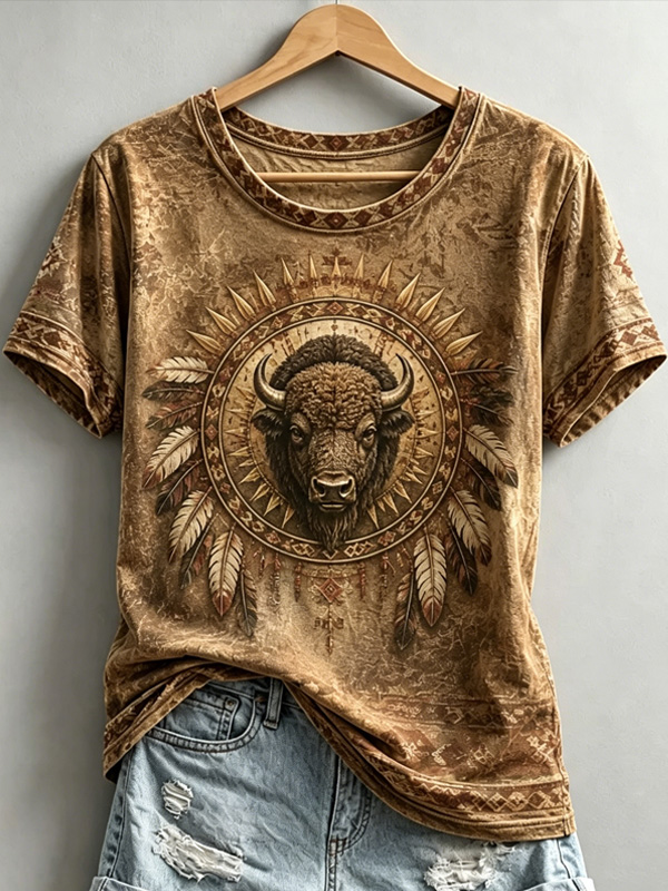 Women's Vintage Tie Dye Western Buffalo Feather Art Print Casual T-Shirt