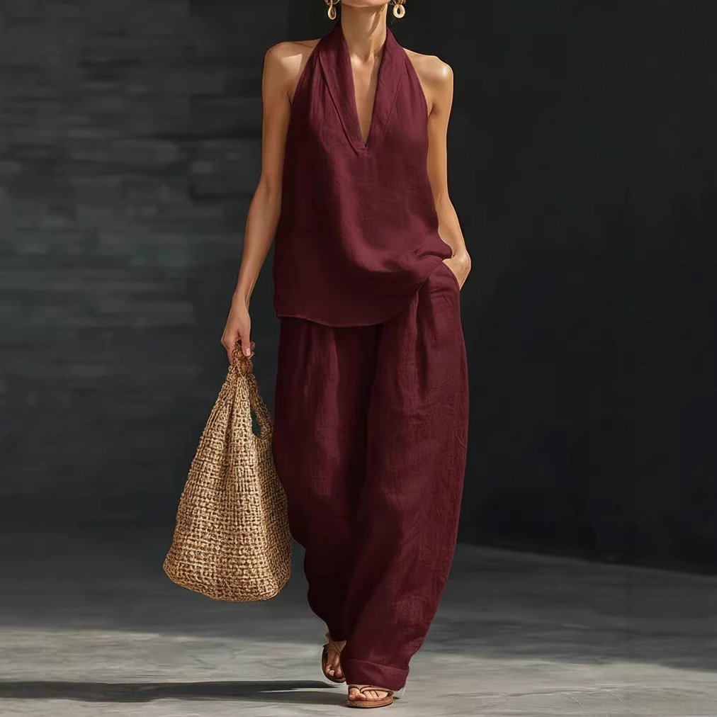 Women's Casual Halter Top & Wide-Leg Pants Set– Halter Top & Wide Leg Pants for Beach & Brunch