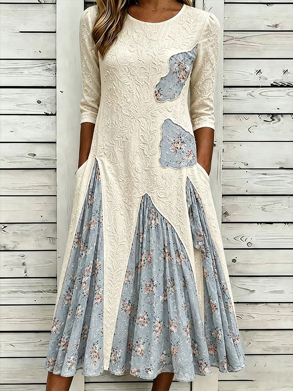 Women's Retro Floral Patchwork Art Print 3/4 Sleeve Maxi Dress