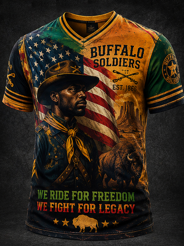 Men's Buffalo Soldiers We Ride For Freedom We Fight For Legacy Print Casual V Neck T-Shirt