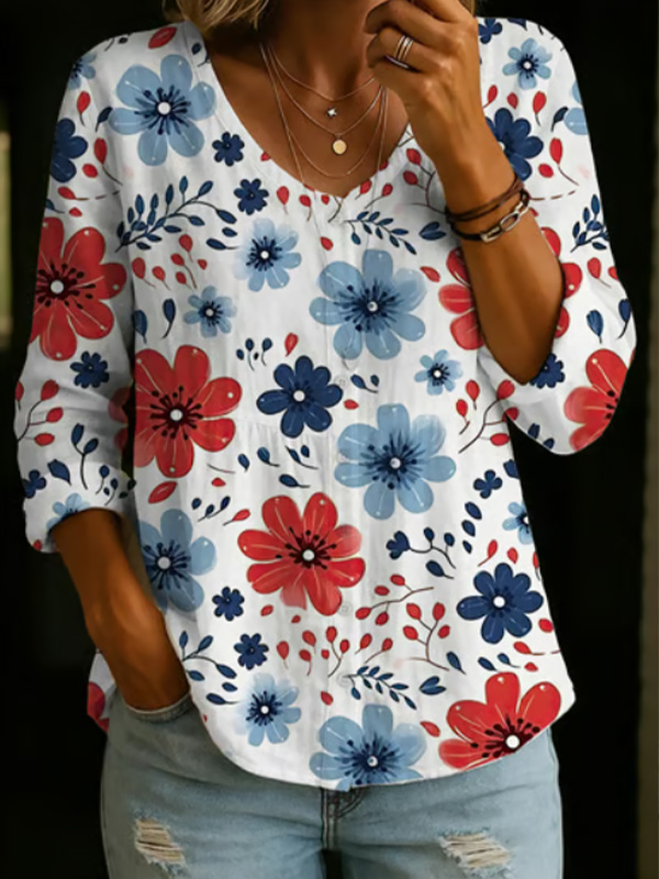 Women's Floral All Over Print V Neck Long Sleeve T-Shirt