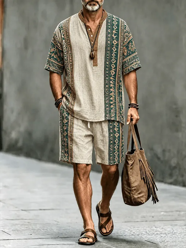 Men's Retro Ethnic Geometric Art Print Half Button Shirt Shorts 2pcs Set