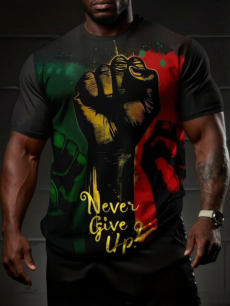 Men's Never Give Up Black Fist Print Casual T-Shirt