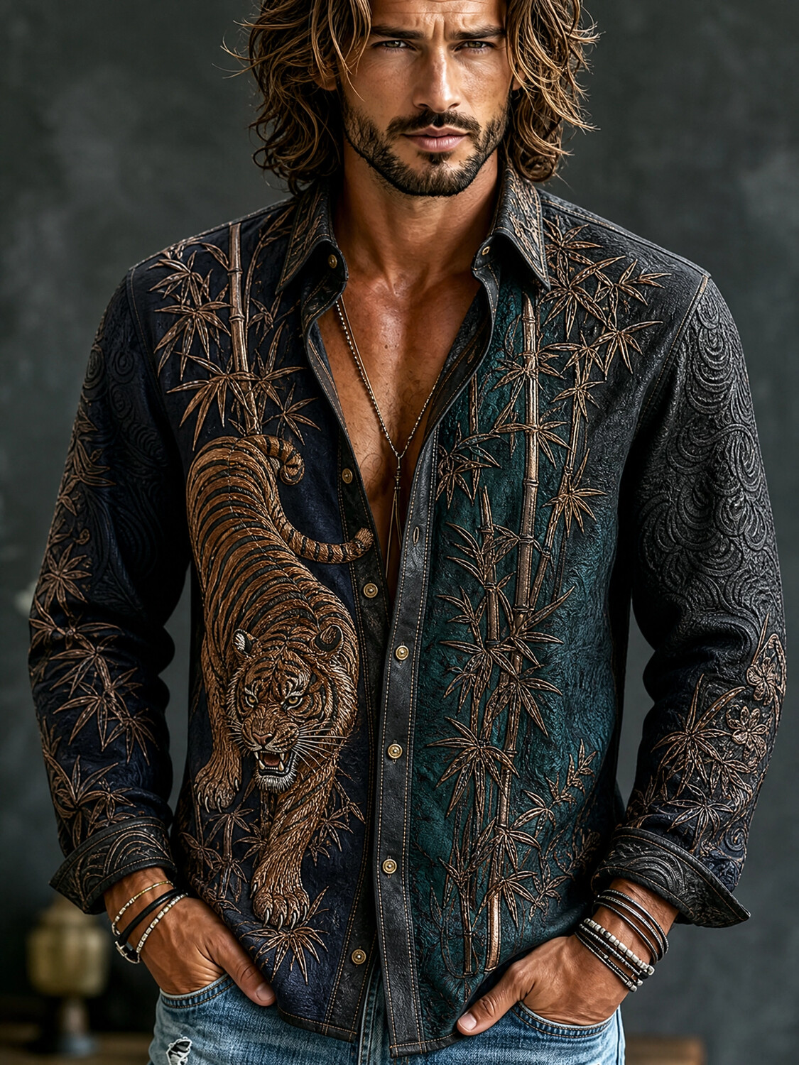Men's Japanese Art Tiger and Bamboo Print Long Sleeve Shirt