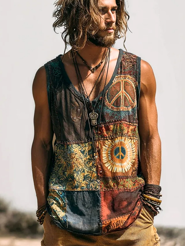 Men's Hippie Peace Sign Tie-Dye Patchwork Print Tank Top