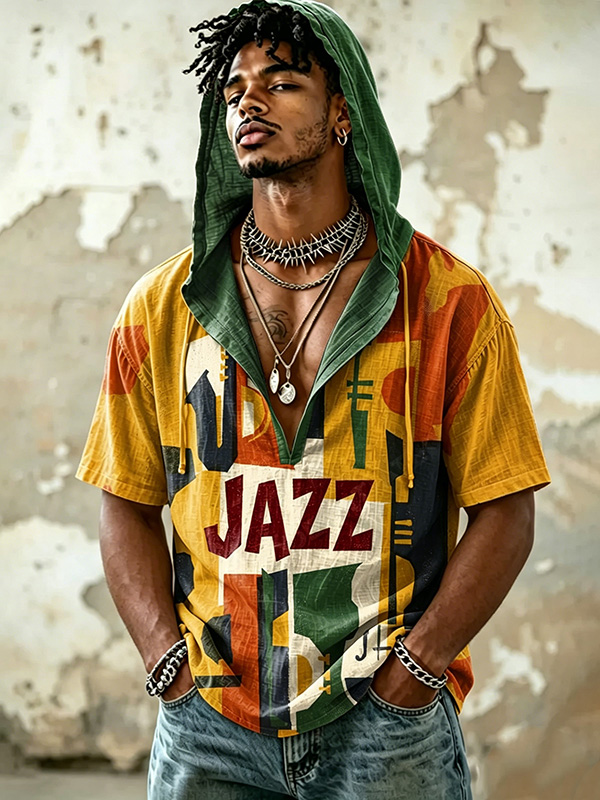 Men's Abstract Art Jazz Print Casual Hooded T-Shirt