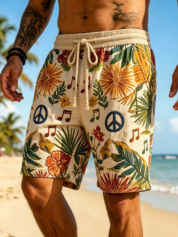 Men's Hippie Peace Sign Resort Style Palm Leaves And Musical Notes Art Print Casual Shorts