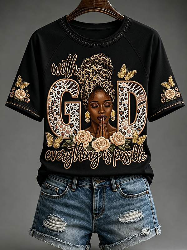 Women's With God Everything Is Possible Faith Art Print Casual T-Shirt