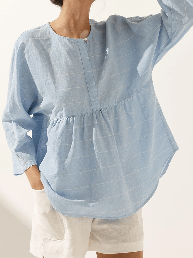 Ladies Plaid Casual Loose Long Sleeve Top