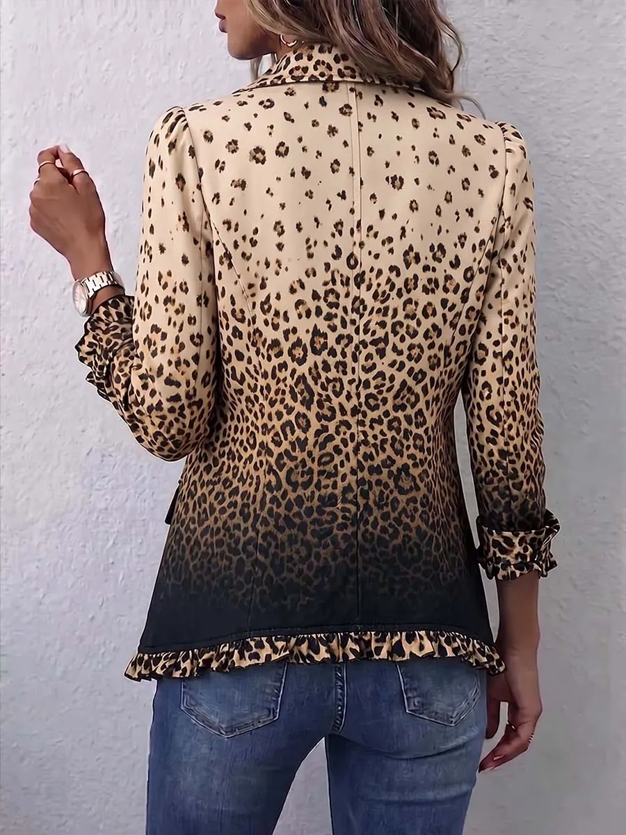 Women's Gradient Leopard Print Shirt Collar Long Sleeve Casual Loose Cotton Cardigan