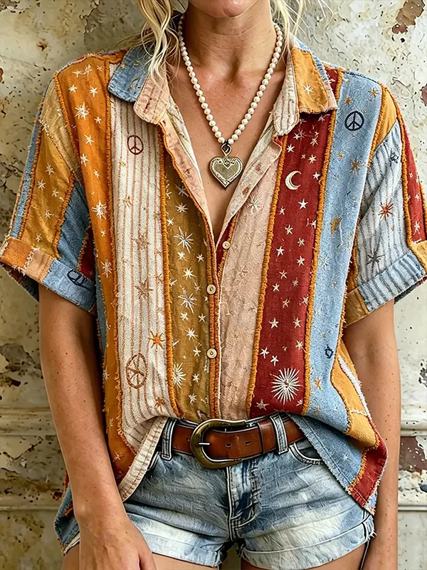 Women's Boho Star And Moon Stripe Color Blocking Print Short Sleeve Shirt
