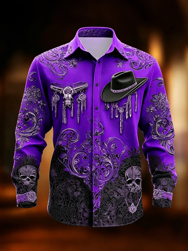 Men's Western Cowboy Skull Art Print Long Sleeve Shirt