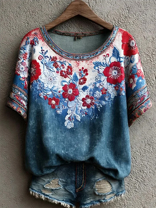 Women's Independence Day Retro Floral Print Casual T-Shirt