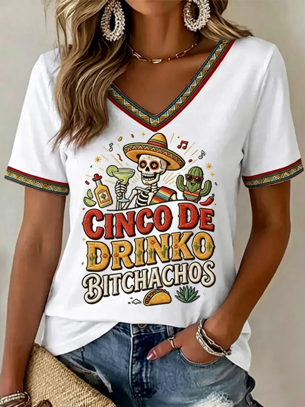 Women's Cinco De Mayo Skeleton Cactus Tequila Art Print V Neck Short Sleeve T-Shirt