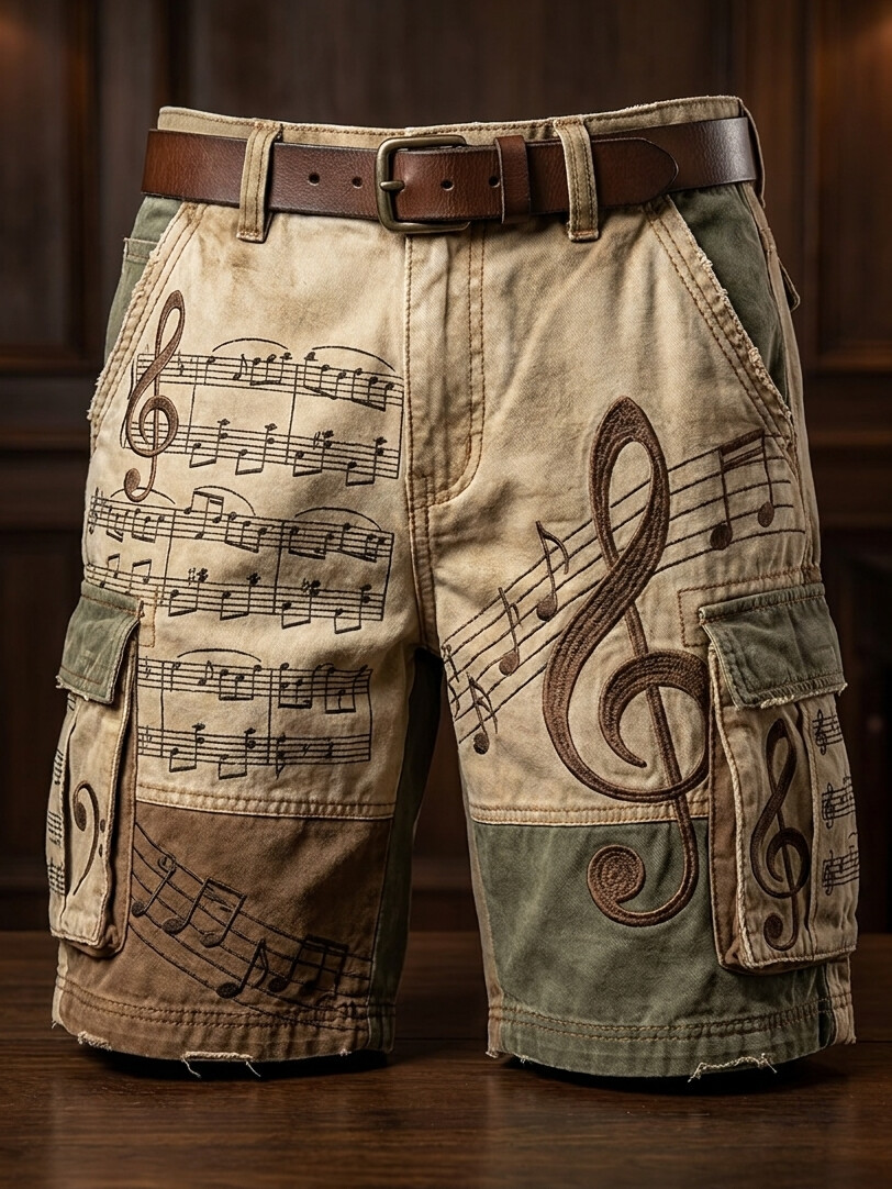 Men's Retro Musical Notes Art Print Cargo Shorts